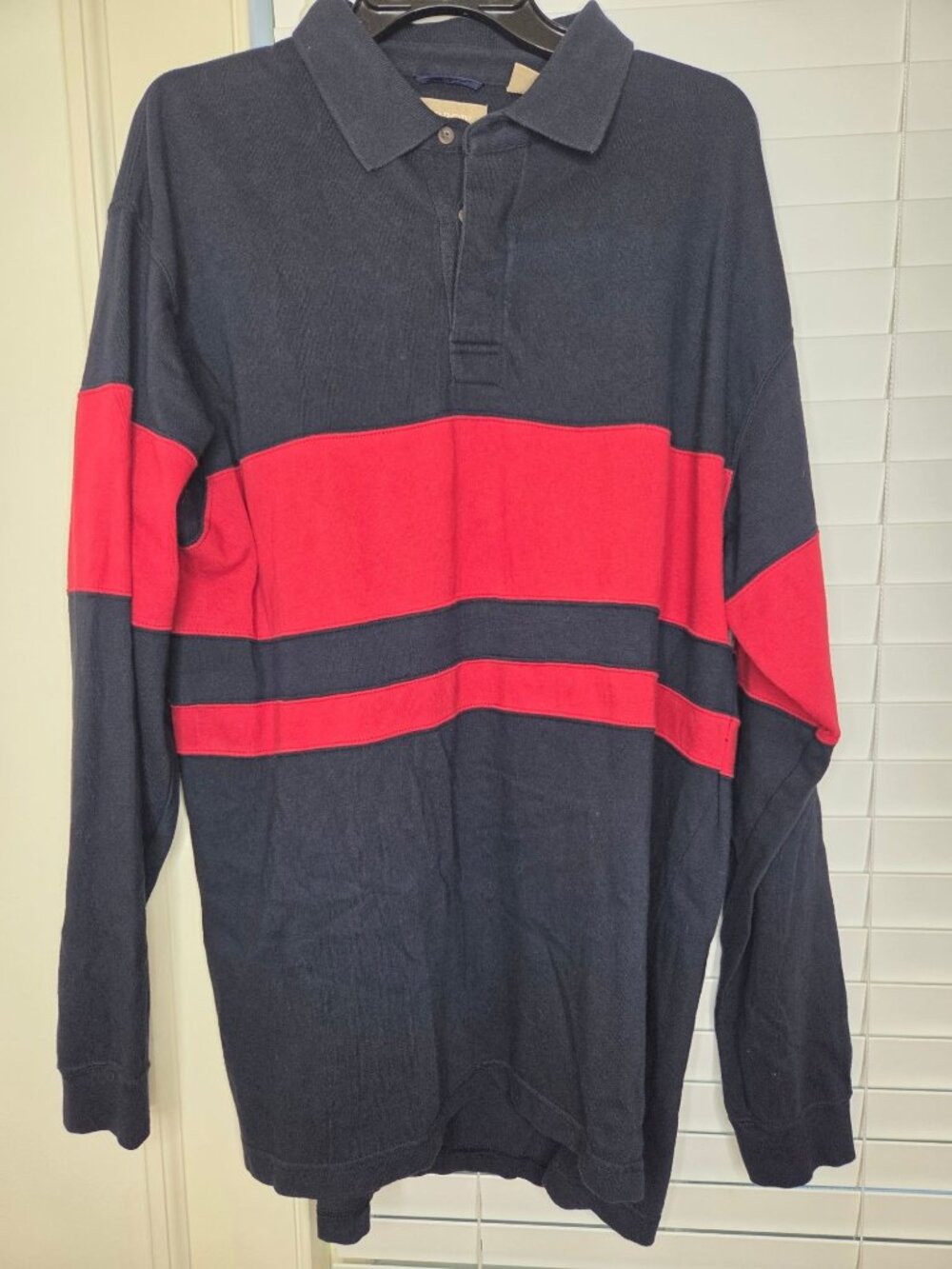 Arrow Mens LS Rugby Polo Shirt L Navy Red Color Block Stripe VTG Normcore bloke